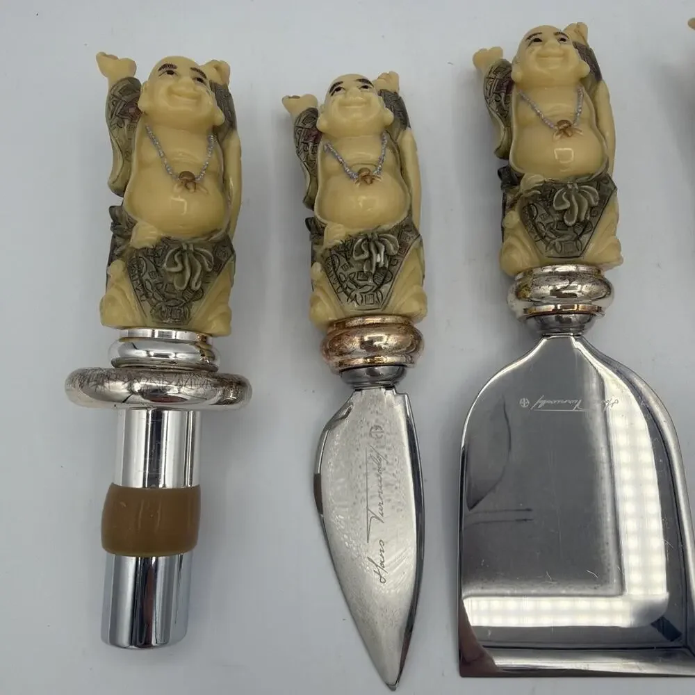 Hans Turnwald Bone Buddah Cheese Knife Wine Stopper Gift Set Vintage Germany